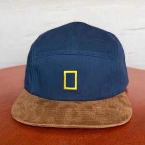 National Geographic Navy Cap with Brown Suede Brim and Yellow Logo